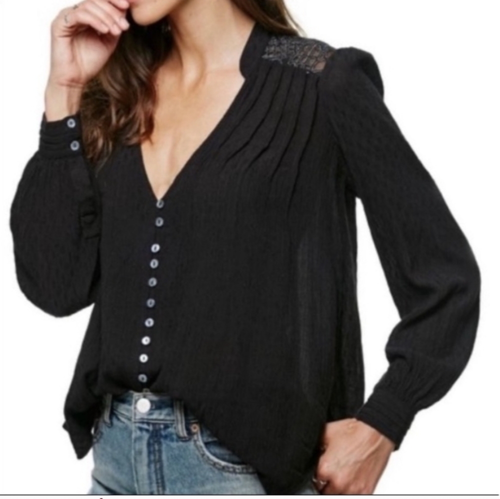 FREE PEOPLE Canyon Rose Embroidered Boho Hi Lo Blouse Black Whimsigoth Grunge XS - Picture 3 of 15